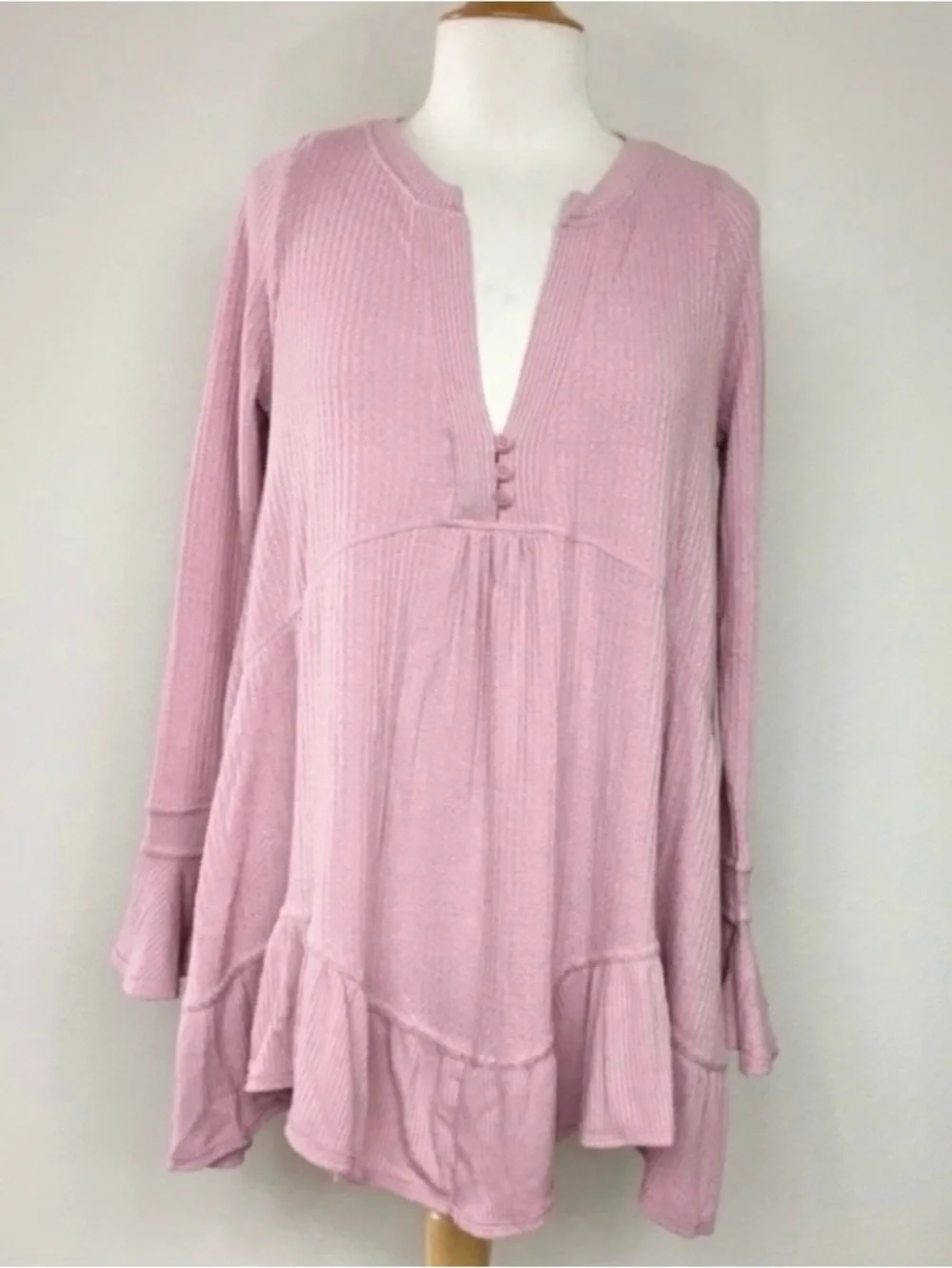 Free People Womens Pink Blush Waffle Knit Tiered Tunic XS Cottagecore Coastal
